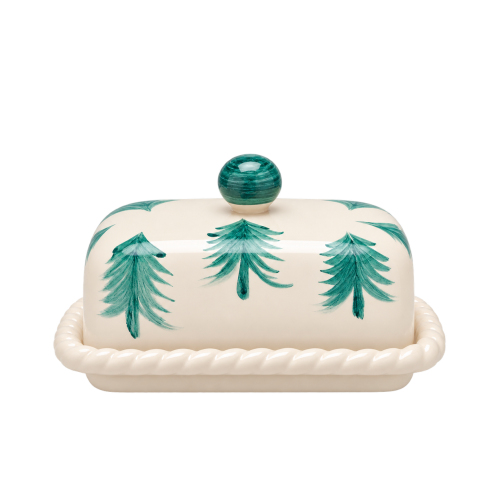 Ceramiczny maselniczek z zielonymi choinkami.png