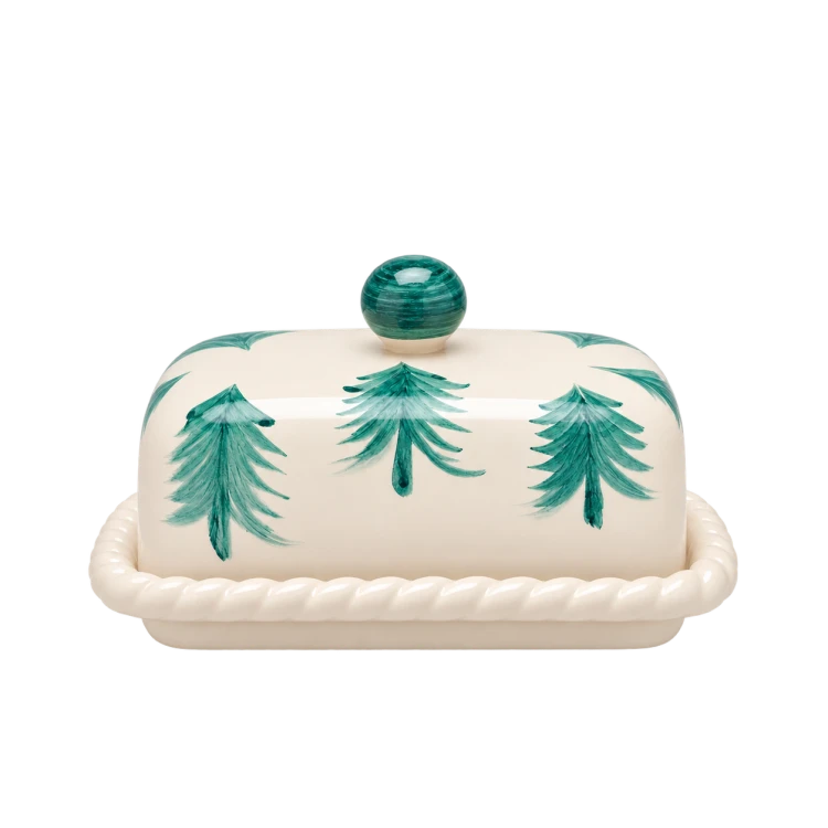 Ceramiczny maselniczek z zielonymi choinkami.png